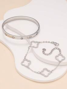2pcs Fashion Luxury Clover Nail Bangle & Bracelet Set, Stainless Steel Versatile Jewellery For Women, Suitable For Daily Wear And Gift - Silver - View 3