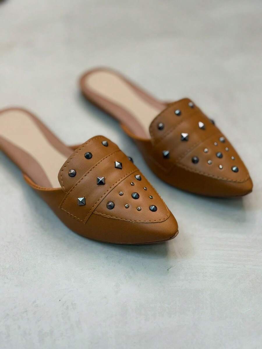 SPYKE RIVET POINTED TOE MULE - 駝色 - 查看 1