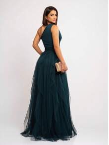 Long One-Shoulder, Shimmerless Dress With Cascade Skirt - 墨綠色 - 查看 5