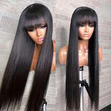 Silky Straight Human Hair Wigs With Bang Full Machine Made Wigs 8-30inch For Women Natural Color Remy Brazilian Human Hair Wigs 250% Density - Natural Black - 查看 6