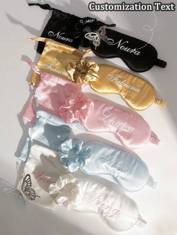 3pcs/Set Personalized Women's Fashionable Name Custom Eye Mask, With Customized Name, Hair Tie, And Storage Bag, Best Bridesmaid Gift, Bridal Party Gift, Personalized Wedding Favor, Glossy Silk Eye Mask And Hair Tie Set