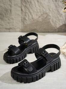 Thick-Soled Casual Comfortable Beach Sandals For Teenagers, Versatile Commuting Soft-Bottomed Strap Casual Comfortable Sandals, Resort Beach Walking Campus Style, Suitable For Spring, Summer And Autumn [Run Small By One Size] - Black - View 4