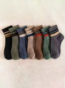 7 Pairs Women Vintage Striped Socks, Contrast Color Elastic Cuff, Breathable & Absorbent, Suitable For Casual And Office Wear