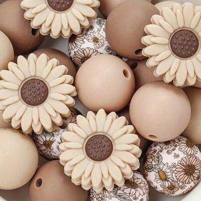 25/54pcs Daisy Pattern Printed Silicone Bead Set - Various Colors And Designs | Cute Patterns | Smooth Surface Beads - Suitable For DIY Keychain, Necklace, Bracelet, Decorative Pen, Jewelry And Pendant Crafts - Creative Holiday Decorations Jewelry Making Supplies - Beads & Bead Assortments