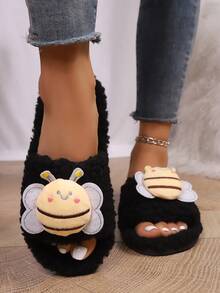 Women's Bee Element Open Toe Slippers, Indoor House Floor Slippers, Cute Vacation Style, Comfy Bedroom Slippers - Black - View 3