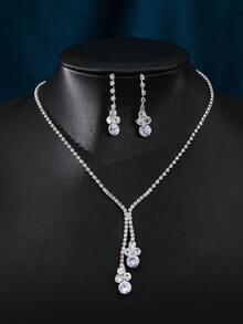 1 Set Minimalist Elegant Women's Jewelry Set - Necklace, Earrings, Bracelet, Copper Material Embedded With Sparkling Crystals, Best For Wedding, Party - Silver - View 6