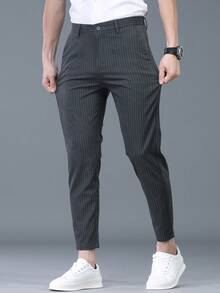Pantalones casuales de hombre sin cinturón con detalles de botones a rayas, livianos, transpirables, adecuados para vacaciones, verano, primavera, fiestas y pantalones de traje entallados - Gris Oscuro - Ver 3