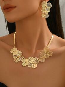 1 Set modischer 3D Blumen Goldschmuck Halskette Ohrringe Set, geeignet für den täglichen Gebrauch von Frauen, Geschenk, Party & Versammlung
