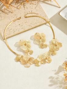 1 Set modischer 3D Blumen Goldschmuck Halskette Ohrringe Set, geeignet für den täglichen Gebrauch von Frauen, Geschenk, Party & Versammlung