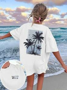 女式夏季椰子树图案圆领短袖 T 恤，休闲宽松百搭假日风格上衣，时尚夏装适合日常假日穿着