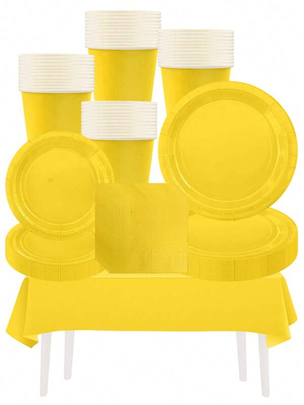 10 pièces de vaisselle jetable 9/7 pouces assiettes en papier, gobelets en papier de 9 oz, serviettes imprimées de motifs jaunes unicolore. Parfait pour les mariages, anniversaires, barbecues, pique-niques, dîners en famille, camping, rassemblements festifs, fêtes en plein air et usage quotidien