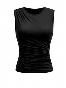 2pcs Women's Pleated Set, Including Round Neck Camisole And Elegant Split Midi Skirt, Slightly Stretchy Knit Fabric 180G