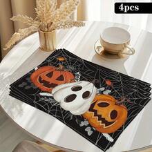 4 pièces Sets de table en lin imprimés d'éléments de citrouille, de diable et de crâne pour Halloween - Sets de table rectangulaires en lin tissé, à utiliser dans le salon, la cuisine, la table de café, la décoration de table de salle à manger