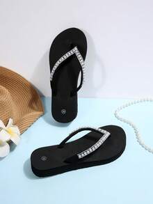 New Fashionable Bohemian Rhinestone Wedge Thong Sandals For Women - Black - View 2