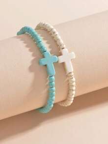 2 paquetes de pulseras de la amistad con cruz de turquesa estilo bohemio - Conjunto a juego de pulseras con cuentas para mejores amigas