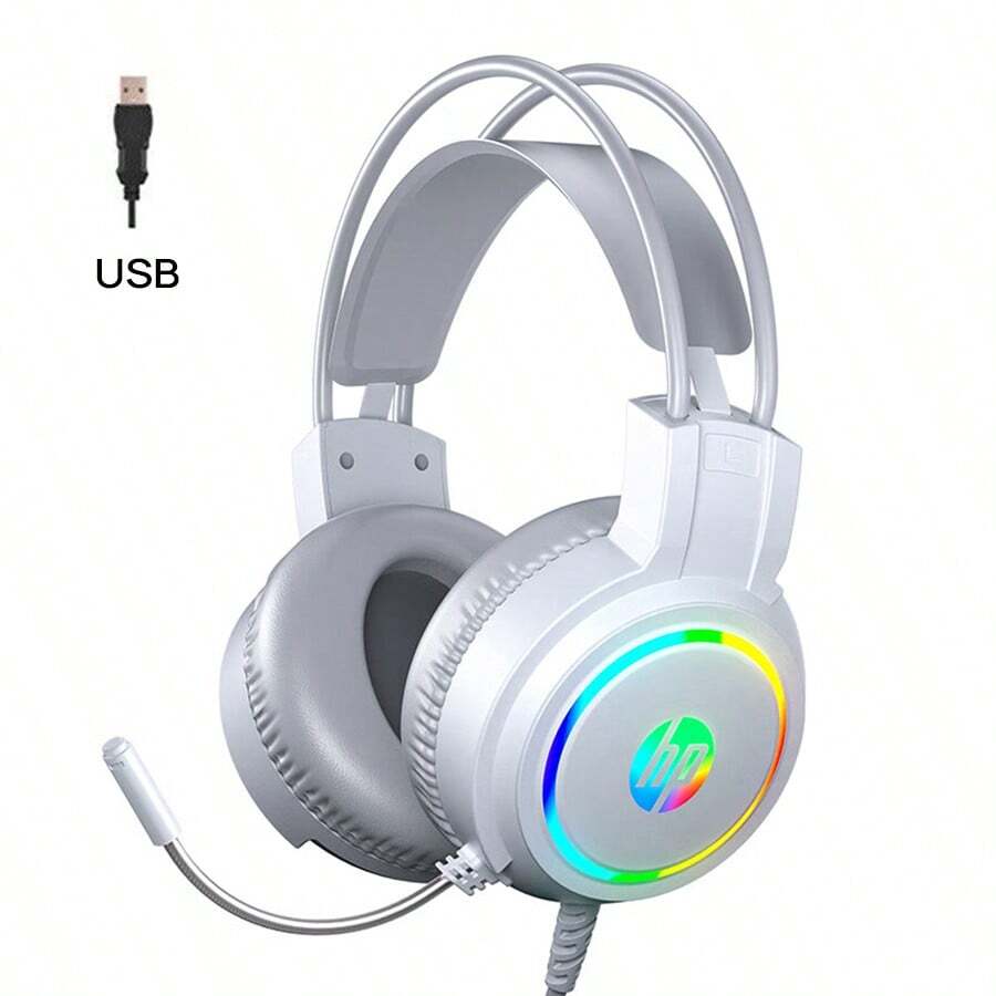 HP Fone de ouvido para jogos H100, unidade de 50 mm, alto-falante grande, microfone omnidirecional, captação de som nítida, iluminação fria, protetores auriculares completos, ajuste de volume, faixa de cabeça adaptável, branca 7.1