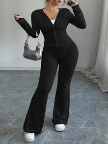 abyoxi 大码黑色连帽拉链长袖运动风上衣喇叭裤两件套，2件套，时尚简约休闲户外街头运动日常辣妹春夏女装年轻辣妹