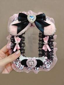 Portafoto in peluche fatto a mano con orecchie da coniglio bianco e rosa con pizzo, accessori kpop, forniture scolastiche, articoli per il ritorno a scuola