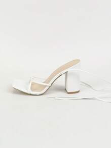 Women's White Square Toe Criss-Cross Lace-Up Strappy Sandals, Fashionable Sexy Party High Heels, Elegant Comfy Chunky Heels, Leg Slimming & Height Increasing