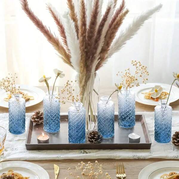 6PCS Blue Glass Vase Small Diamond Vase Centerpiece Mini Vase Table Decoration Centerpiece Wedding, Party, Birthday Reception Home, Housewarming Gift