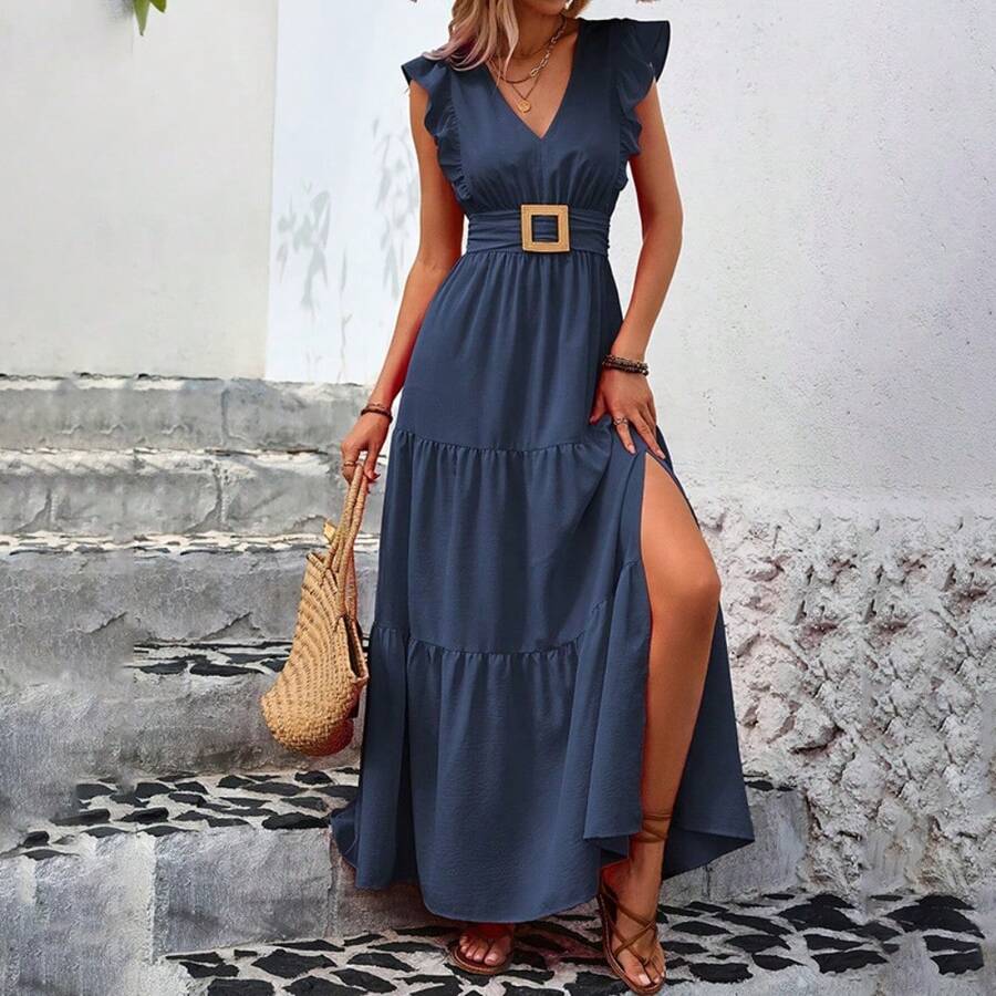 Women's Elegant V-Neck Maxi Dress Short Sleeve Solid Color High Slit Long Dress For Summer Tea Party & Casual Wear - Navy Blue - View 1