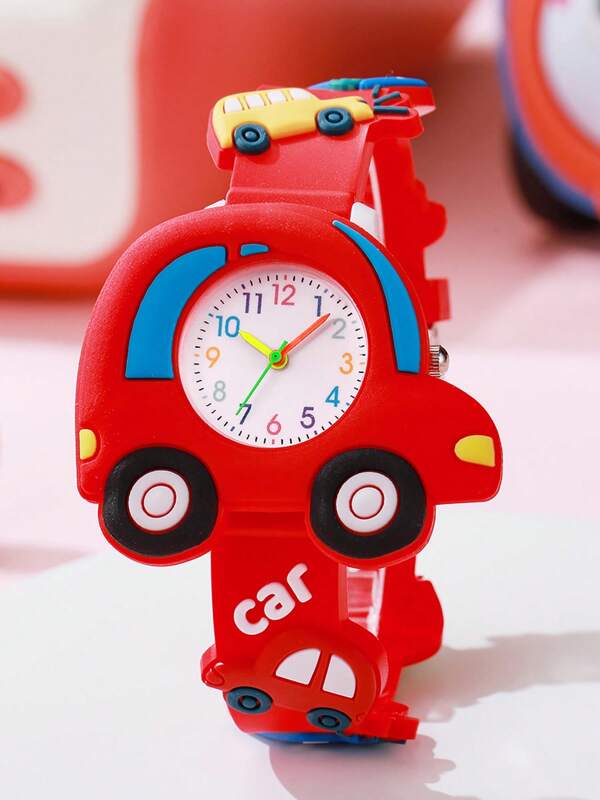 1 pieza/Set Reloj de cuarzo de silicona con forma de coche 3D, esfera con números árabes de color macarrón, adecuado como regalo de cumpleaños, graduación, etc.