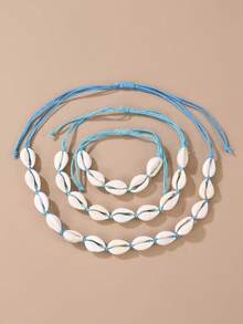3pcs/Set Bohemian Shell Adjustable Braided Necklace, Anklet & Bracelet Jewelry Set, Beach Party Accessories