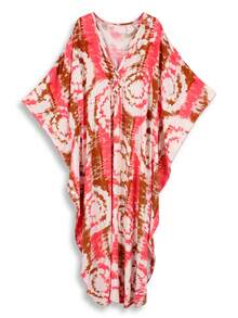 Women's Tie-Dye Print Batwing Sleeve Loose V-Neck Bohemian Style Robe/Robe - Pink - View 4