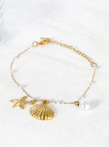 1 pièce Bracelet de cheville avec pendentif en acier inoxydable représentant une coquille et une étoile de mer avec perle, pour femme, pour l'été à la plage
