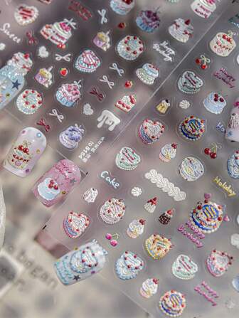 1 Sheet Happy Birthday Themed Nail Art Stickers Cake Candle Gift Designs Self-Adhesive 5D Embossed Cartoon Stickers Suitable For Home Nail Salon Women'S DIY Birthday Celebration Nail Supplies Birthday Wishes