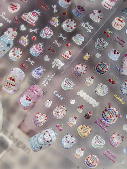 1张生日快乐主题美甲贴纸，蛋糕蜡烛图案，自粘式5D立体卡通贴纸，适合家庭美甲沙龙，女士DIY生日庆祝美甲用品，生日祝福美甲