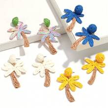 1 Par de Brincos Tecidos à Mão de Árvore de Coco de Palha, Design Boêmio de Folha de Palmeira Tropical, Adequado para Praia, Férias, Celebração, Uso Diário, Festa