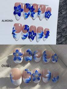 10 件/套短椭圆形优雅白色法式设计手工假指甲，带 3D 浮雕蓝色花朵、金色珍珠指甲配件，短椭圆形，适合日常使用、派对、礼物 - 随机包装按压指甲美甲用品指甲