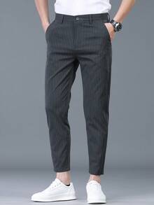 Pantalones casuales de hombre sin cinturón con detalles de botones a rayas, livianos, transpirables, adecuados para vacaciones, verano, primavera, fiestas y pantalones de traje entallados - Gris Oscuro - Ver 2