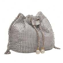 Crossbody Bag With Chain For Women, Shiny Rhinestone Satchel Bag, Solid Color, Drawstring, Shiny, For Dinner And Party