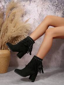 Fall/Winter Retro Fringe High Heel Boots, Women Fashion Rivet Western Thick Heel Round Toe Ankle Boots,Boots For Women