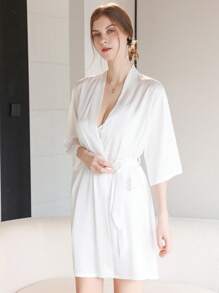1 Pieza El ligero y lujoso albornoz de mangas cortas para mujer apto para primavera y verano, es adecuado para uso en casa, hotel, piscina al aire libre y fiestas de vuelta al colegio