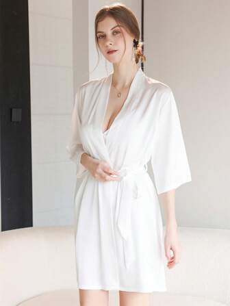 1PC The Women's Spring And Summer Light Luxury Half-Sleeved Cool Long Bathrobe And Bathrobe Home Decoration Are Suitable For Home Wear, Hotel Wear, Outdoor Swimming Pool Wear And Party Wear Back To School