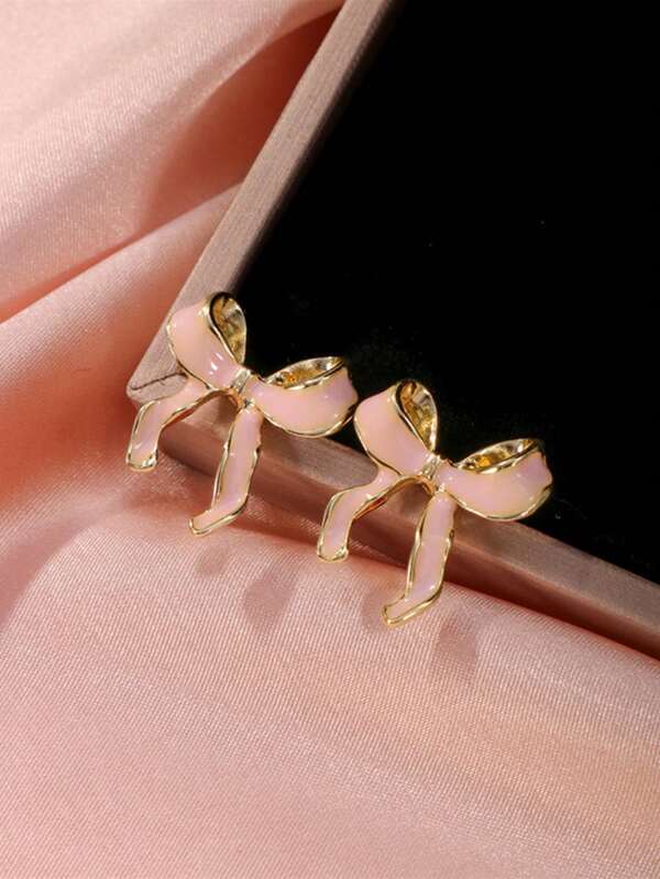 1 Pair Girls' Pink Liquid Look 3D Bow Earrings, Sweet Minimalist Versatile Earrings
