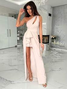 2025 Spring And Summer Fashion Solid Color Party Elegant Elegant Hollow High Slit To Thigh Women's One Shoulder Sleeveless Mid-Length Dress - Pink - View 5