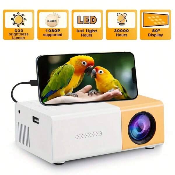 1080P Full HD Professional Portable Video Projector, Support USB Connection, Mirroring, Home Theater And Outdoor Camping Movie Projector With Remote Control, Compatible With Smartphones/Tablets/Laptops, Built-In Speaker