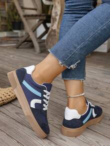 Women's Spring/Autumn New Casual Round Toe Low-Top Sneakers, Easy To Clean, Flat, Comfortable, Versatile, Contrast Color, Athletic Leisure Shoes, Retro Style, Fashion , Suitable For All Seasons - Blue - View 5