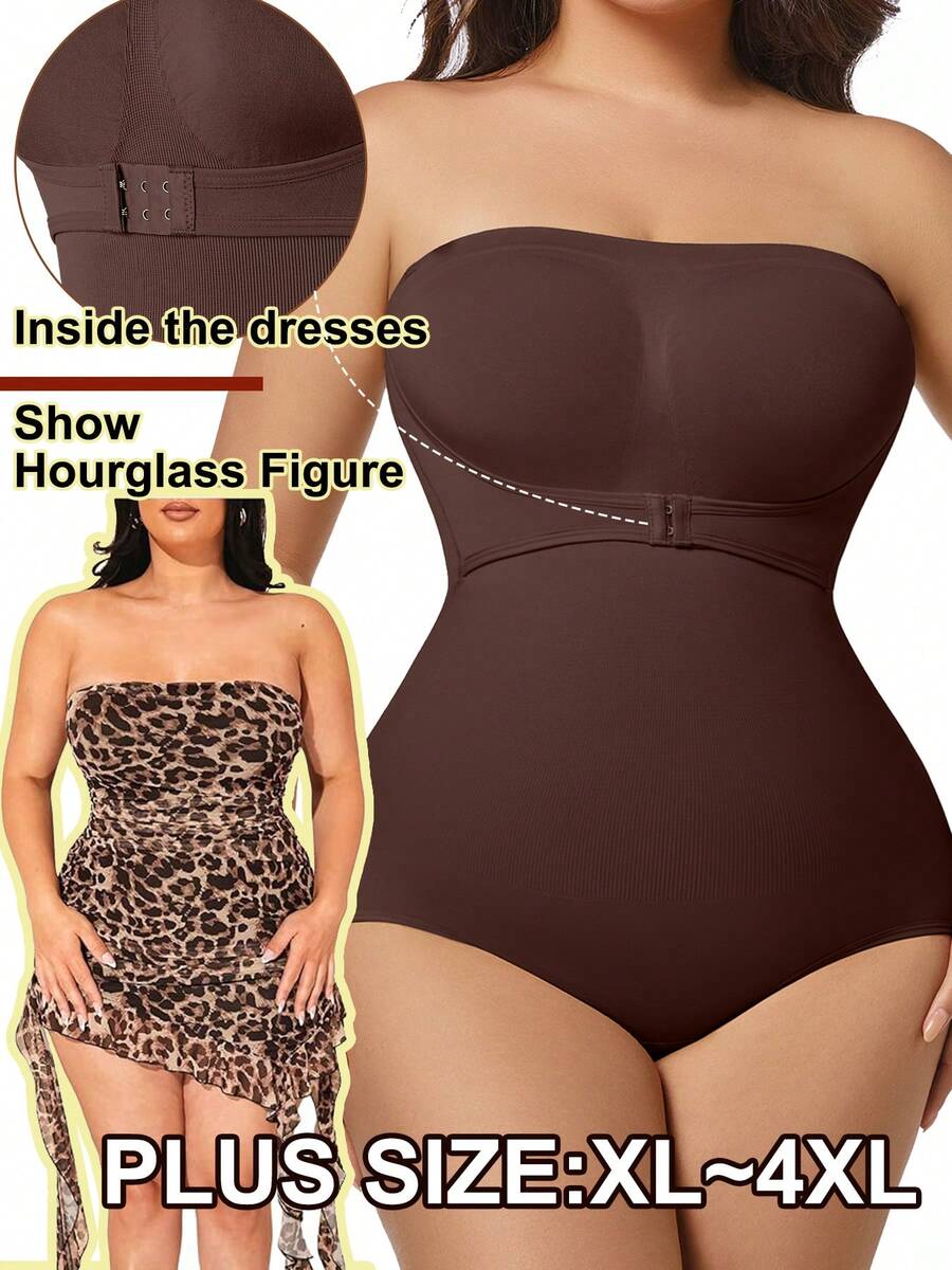 Plus Size Women Strapless Shapewear Bodysuit Tummy Control Butt Lifter Push Up Bust Full Body Shaper Tube Top Invisible Under Dresses For Wedding Party - 棕色 - 查看 1