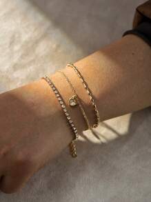 Nooxian 3pcs/Set Elegant Luxury Style Gold Rice Pearl & Rhinestone Chain Heart Pendant Layering Bracelets For Women