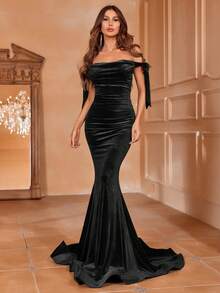 Faeriesty Vestido de Festa de Sereia de Ombro Único de Luxo com Pregas em Cascata e Detalhes de Laço - Vestidos Formais para Eventos de Tapete Vermelho, Casamentos de Luxo, Estreias de Teatro, Jantares Beneficentes e Festas Formais - Preto - Visão 4