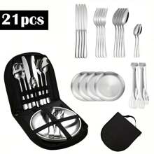 Juego de 21 piezas de vajilla de acero inoxidable para camping - Utensilios portátiles para pícnic al aire libre con platos, tenedores y cucharas para senderismo, excursiones y aventuras de campamento: Cubertería completa + platos en un estuche compacto, de acero inoxidable resistente a la oxidación.
