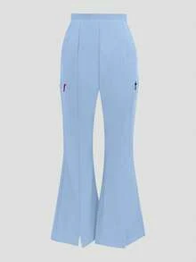 Solid Color V-Neck Short Sleeve Top And Split Flare Pant Lab Coat Nurse Scrub Uniform Set, Scrub Uniform For Pet Hospital Clinic Private Nursing Work Outfit Top And Pant With Pockets - Màu xanh nhạt - Xem 6