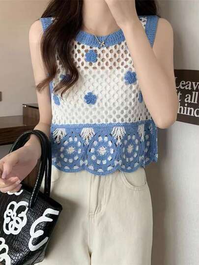 女士时尚黑白复古钩针镂空针织背心