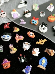 30Pcs Random Mixed ABS Cartoon Halloween Nail Charms 3D Pumpkin House Skeleton Ghost Witch Spider Cross Hat Nail Art Accessories DIY