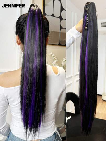 JENNIFER (Black + Purple Piano Color)24 Inch Long Straight Clip In Hairpiece One Piece Long Pony Tails For Women Black Claw Ponytail Extension